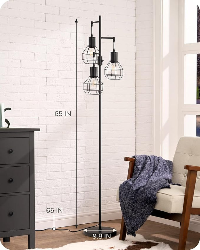 EDISHINE Dimmable Farmhouse Floor Lamp, Industrial Standing Lamp for Living Room, 3 LED Edison Bulbs Included, Black Corner Rustic Tall Tree Reading Lamps Home Decor for Bedroom, Office - LeafyLoom