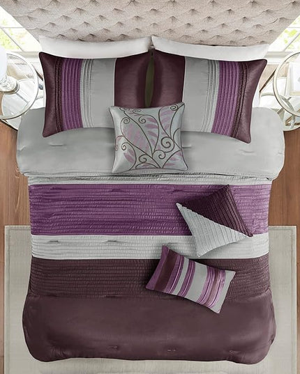 Madison Park Amherst Faux Silk Comforter Set-Casual Contemporary Design All Season Down Alternative Bedding, Matching Shams, Bedskirt, Decorative Pillows, Queen (90 in x 90 in), Purple, 7 Piece - LeafyLoom