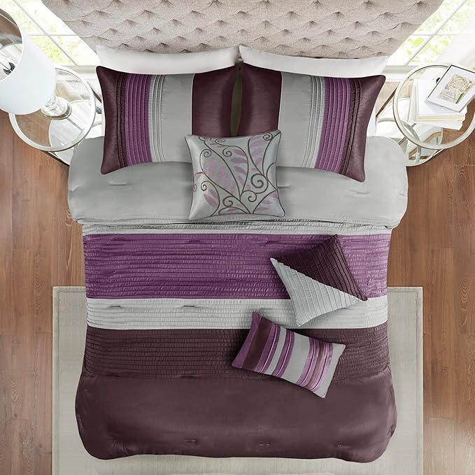 Madison Park Amherst Faux Silk Comforter Set-Casual Contemporary Design All Season Down Alternative Bedding, Matching Shams, Bedskirt, Decorative Pillows, Queen (90 in x 90 in), Purple, 7 Piece - LeafyLoom