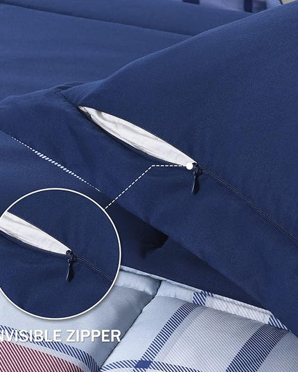 downluxe King Size Comforter Set (104"x92") 3-Piece,Plaid Navy Reversible Comforter,2 Reversible Pillow Shams 20"x36",Microfiber King Comforter,Soft and Comfortable - LeafyLoom