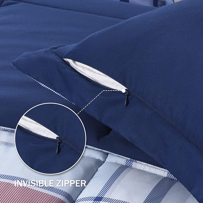 downluxe Queen Comforter Set(88"x92") 3-Piece,Plaid Navy Reversible Comforter,2 Reversible Pillow Shams 20"x26",Microfiber Queen Comforter,Soft and Comfortable - LeafyLoom