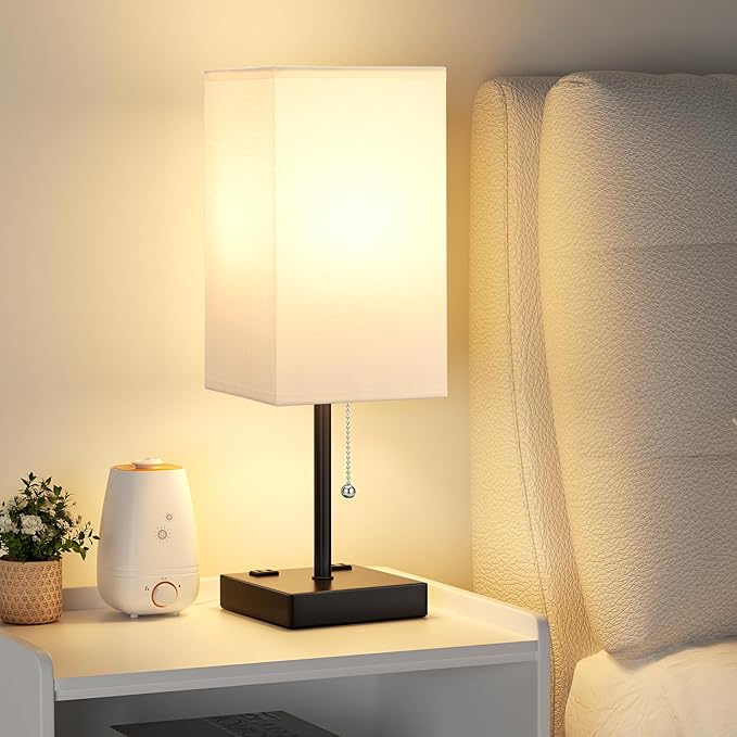 aooshine White Table Lamp for Bedside - 3 Color Temperature 3000K 5000K 4000K Bedroom Lamp, Pull Chain Control, USB A and C Ports, AC Outlets, Bulb Included, Medium - LeafyLoom