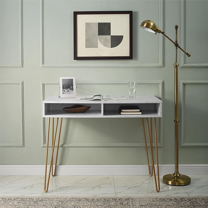 Novogratz Athena Computer Desk with Storage, White Marble - LeafyLoom