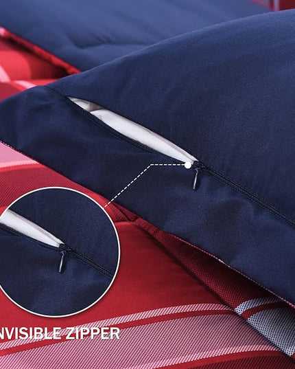 downluxe Twin Comforter Set (66"x92") 2-Piece,Plaid Red Reversible Comforter,1 Reversible Pillow Sham 20"x26",Microfiber Comforter,Soft and Comfortable - LeafyLoom