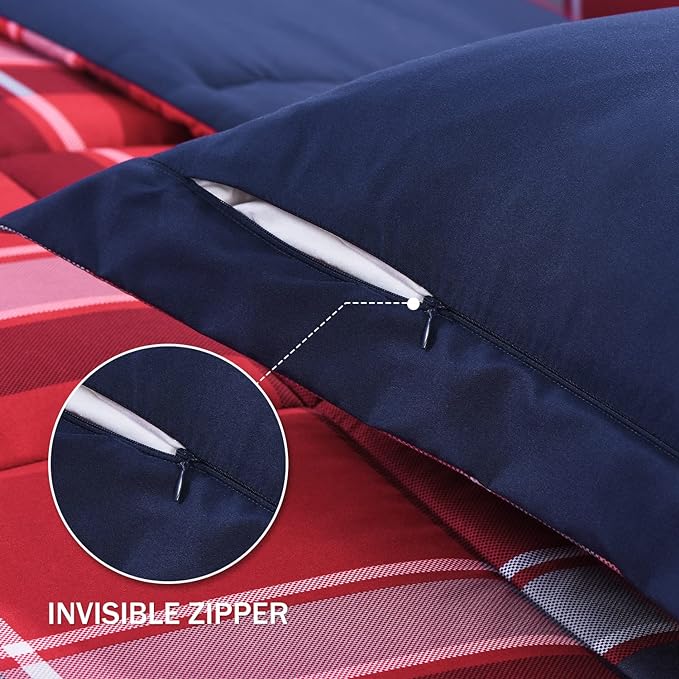 downluxe Twin Comforter Set (66"x92") 2-Piece,Plaid Red Reversible Comforter,1 Reversible Pillow Sham 20"x26",Microfiber Comforter,Soft and Comfortable - LeafyLoom