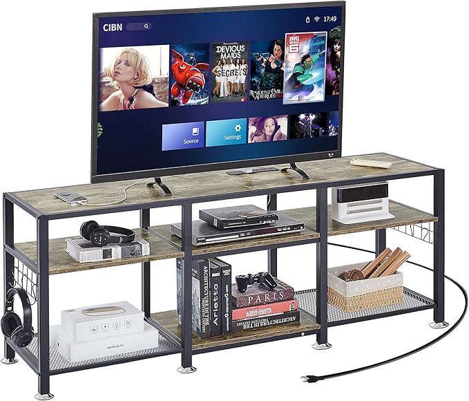 VECELO TV Stand with Power Outlets for Televisions Up to 70 Inch, Industrial Entertainment Center with 3-Tier Open Storage Shelves & 6 Hooks for Living, Bedroom and Gaming Room, 63 Inch, Rustic Grey - LeafyLoom