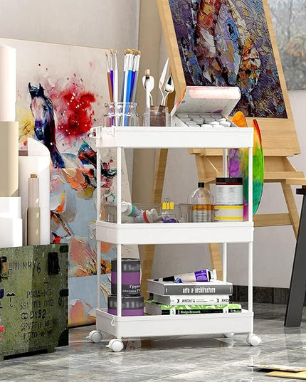 SPACEKEEPER Rolling Storage Cart 3 Tier, Bathroom Cart Organizer Laundry Room Organizer Utility Cart Mobile Shelving Unit Multi-Functional Shelves for Office, Kitchen, Bathroom, White - LeafyLoom