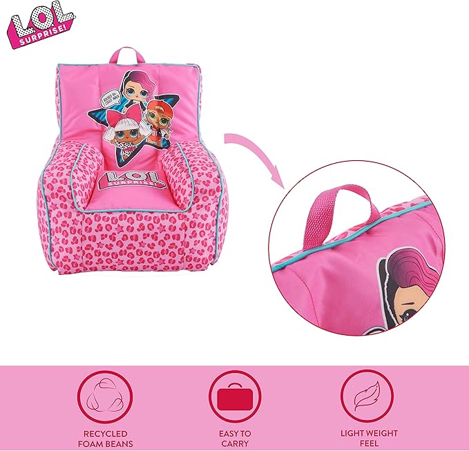 Idea Nuova LOL Surprise Kids Nylon Bean Bag Chair with Piping & Top Carry Handle, Large - LeafyLoom