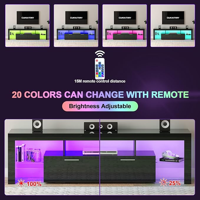 Clikuutory Modern LED 71 inch long TV Stand with Storage Drawer for 50 55 60 65 70 75 80 Inch TVs, Black Wood TV Console with High Glossy Entertainment Center for Gaming, Living Room, Bedroom - LeafyLoom
