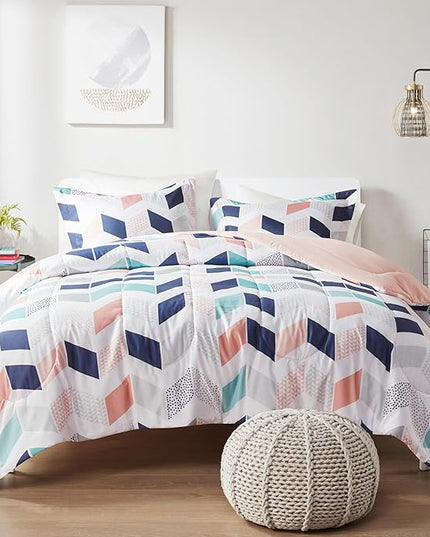 Comfort Spaces Kylar Cozy Comforter Set, Vibrant Chevron Ruching Design with Solid Reverse, All Season Down Alternative Bedding with Matching Sham, Full/Queen (88 in x 92 in), Multi/Blush 3 Piece - LeafyLoom