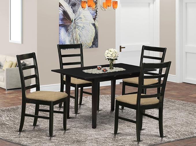 East West Furniture NOPF5-BLK-C 5 Piece Dining Room Furniture Set Includes a Rectangle Kitchen Table with Butterfly Leaf and 4 Linen Fabric Upholstered Chairs, 32x54 Inch, Black - LeafyLoom