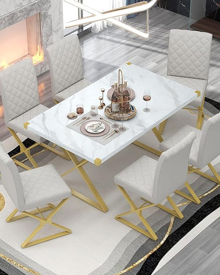 Modern 7 Piece Set with Rectangular Marble Teexture Kitchen Table and 6 PU Leather Chairs and X-Shaped Gold Steel Pipe Legs, for Dining Room, White 27 - LeafyLoom