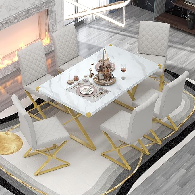 60 Inch Dining Table Set, 7-Piece Rectangular Marble Texture Kitchen Table and 6 PU leather Chairs with X-Shaped Gold Steel Pipe Legs, Dining Room Table Set for Living Room, White - LeafyLoom