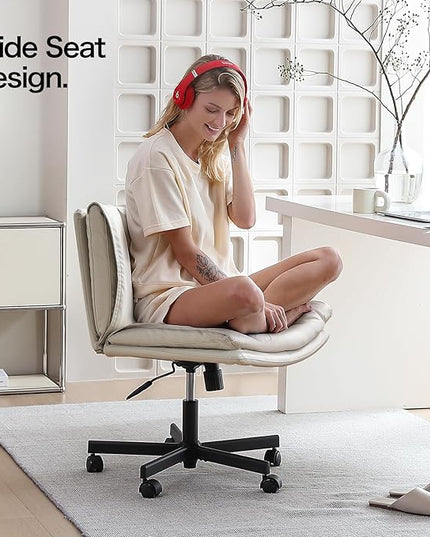 LEAGOO Armless Desk Chair, Office Chair with Wheels, PU-Leather Desk Chair, Modern Swivel Height Adjustable Office Chair with Wide Seat for Home, Office, Make Up, Bed Room - Beige - LeafyLoom