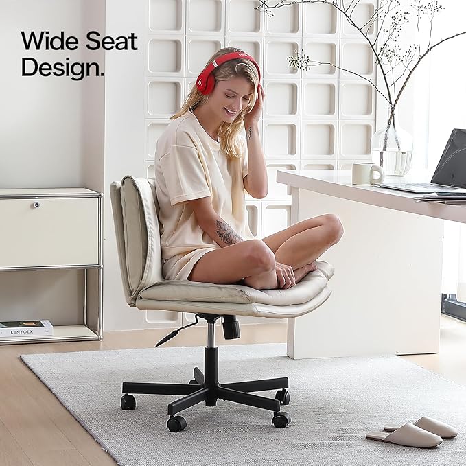 LEAGOO Armless Desk Chair, Office Chair with Wheels, PU-Leather Desk Chair, Modern Swivel Height Adjustable Office Chair with Wide Seat for Home, Office, Make Up, Bed Room - Beige - LeafyLoom