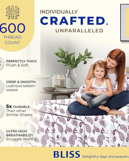 THREAD SPREAD 100% Egyptian Cotton Printed Bed Sheets - 600 Thread Count 4 PC Queen Sheet Set, Hotel Luxury Sateen Bedsheets, 16" Deep Pocket Soft Cooling Sheets for Queen Size Bed - Paisley - LeafyLoom