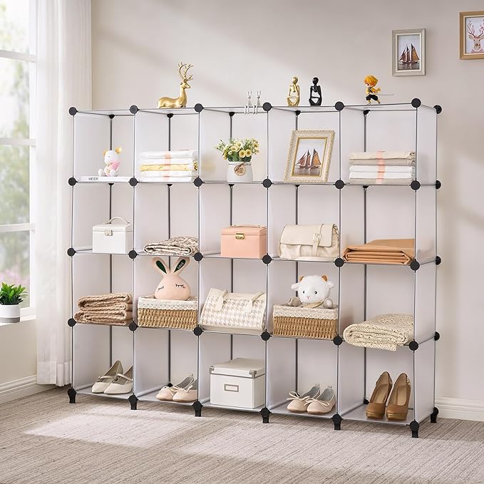 ANWBROAD Cube Storage Organizer 20-Cube Cubby Shelving Book Shelf Living Room Closet Clothes Organizers Kids Toys Craft Yarn Storage with Rubber Hammer for Bedroom Office White ULCS020T - LeafyLoom