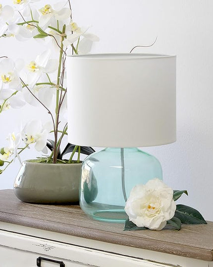 Simple Designs LT2064-AOW Aqua Glass Table Lamp with White Fabric Shade - LeafyLoom