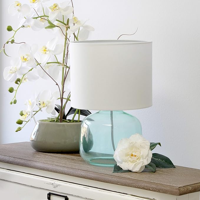 Simple Designs LT2064-AOW Aqua Glass Table Lamp with White Fabric Shade - LeafyLoom