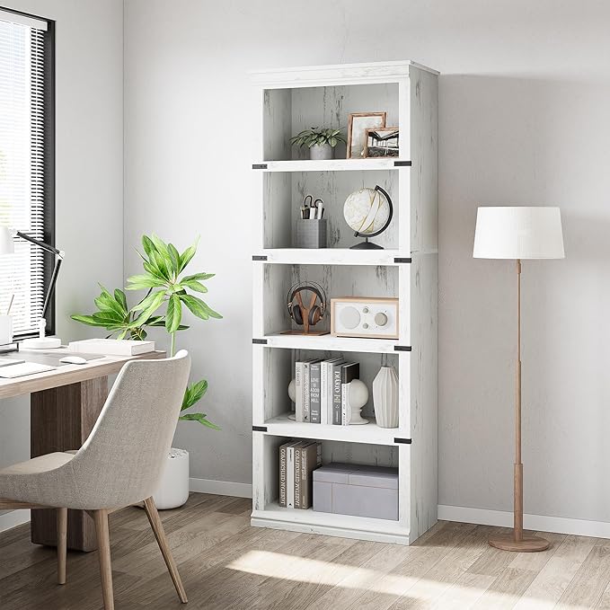 GAOMON 5 Tier Bookcase, Farmhouse Book Shelf with Storage, 67.4 Inch Tall Open Display Bookshelves, Wooden 5 Shelf Bookcase for Living Room, Bedroom-White - LeafyLoom