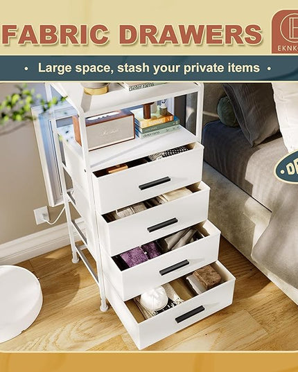 Nightstand 4 Drawer Dresser with LED Lights and Charging Station, Vertical Side Table with Fabric Drawers, End Table with Open Shelf, Tall Dresser for Bedroom, Hallway, Entryway, White - LeafyLoom
