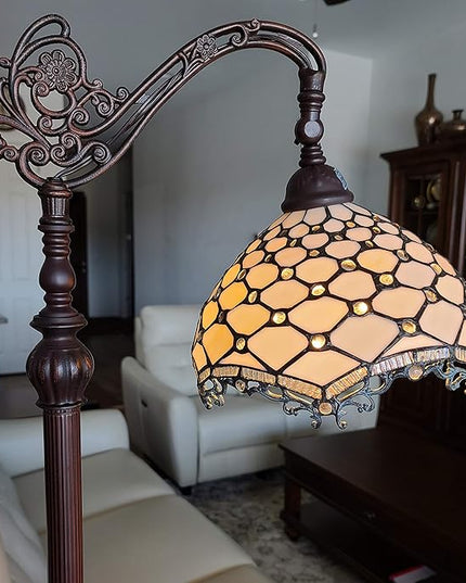 Amora Tiffany Style Floor Lamp Jeweled Jagged Edge Arched 62" Tall Stained Glass White Tan Antique Vintage Light Decor Bedroom Living Room Reading Gift AM122FL12B Lighting - LeafyLoom