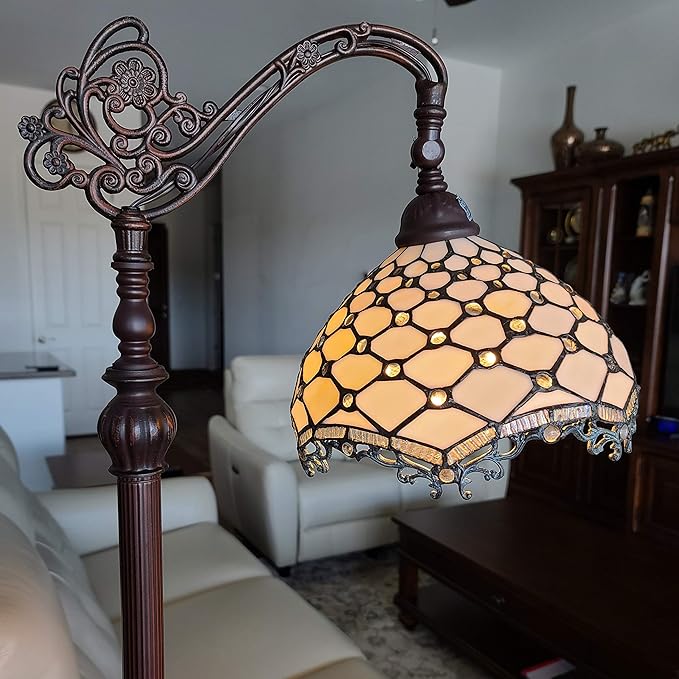 Amora Tiffany Style Floor Lamp Jeweled Jagged Edge Arched 62" Tall Stained Glass White Tan Antique Vintage Light Decor Bedroom Living Room Reading Gift AM122FL12B Lighting - LeafyLoom
