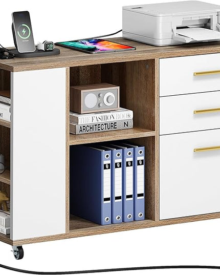 YITAHOME File Cabinet with Charging Station, Mobile Lateral Filing Cabinet with Lock for Home Office, Printer Stand with Open Storage Shelf, Fits A4, Letter, Legal Size Files, Grey Wash & White - LeafyLoom