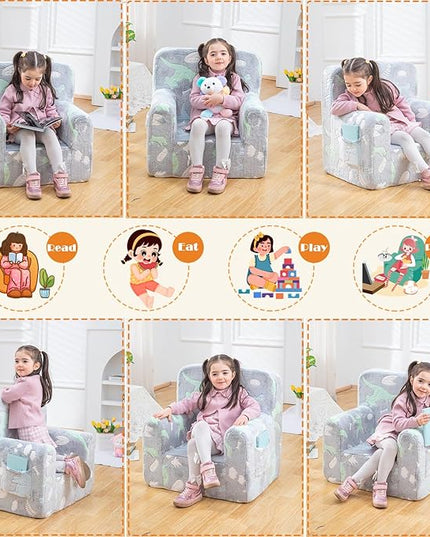 Snuggly-Soft Cuddly Toddler Plush Armchair for Boys and Girls Glowing Grey Fuzzy Plush Kids Sofa Couch Reading Chair with Children Friendly Handle for Easy Movement & Double Pockets for Storage - LeafyLoom