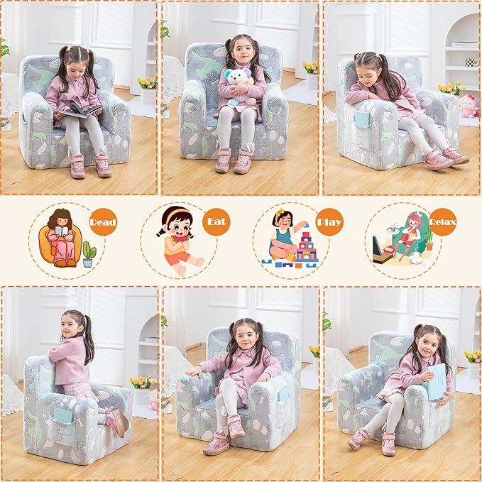 Snuggly-Soft Cuddly Toddler Plush Armchair for Boys and Girls Glowing Grey Fuzzy Plush Kids Sofa Couch Reading Chair with Children Friendly Handle for Easy Movement & Double Pockets for Storage - LeafyLoom