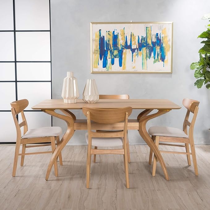 Christopher Knight Home Idalia Curved Leg Rectangular Dining Set, 5-Pcs Set, Natural Oak / Light Beige - LeafyLoom