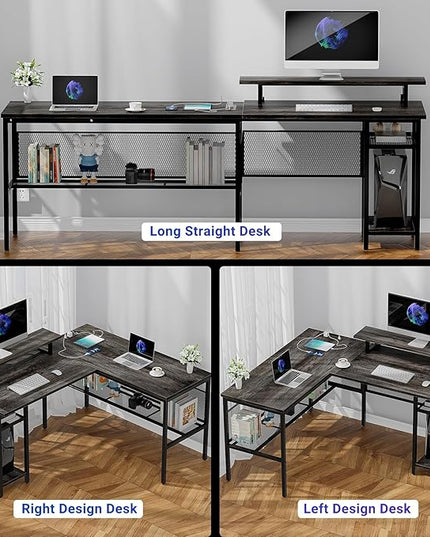 L Shaped Computer Desk with Magic Power Outlets and Smart LED Light, Reversible Office Corner Desk with Ergonomic Monitor Stand, Large Gaming Table with Storage, Sleek Grid Design, Black Oak - LeafyLoom