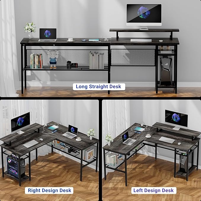 L Shaped Computer Desk with Magic Power Outlets and Smart LED Light, Reversible Office Corner Desk with Ergonomic Monitor Stand, Large Gaming Table with Storage, Sleek Grid Design, Black Oak - LeafyLoom