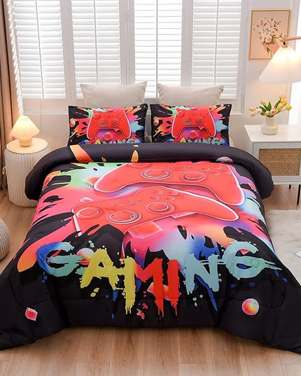 Aimuan Gaming Comforter Sets for Boys Kids Bedding Sets Video Games Console Action Buttons Novelty Colorful Game Gamepad Controller Modern Gamer Room Decor Home Quilt Set (Twin, Black) - LeafyLoom