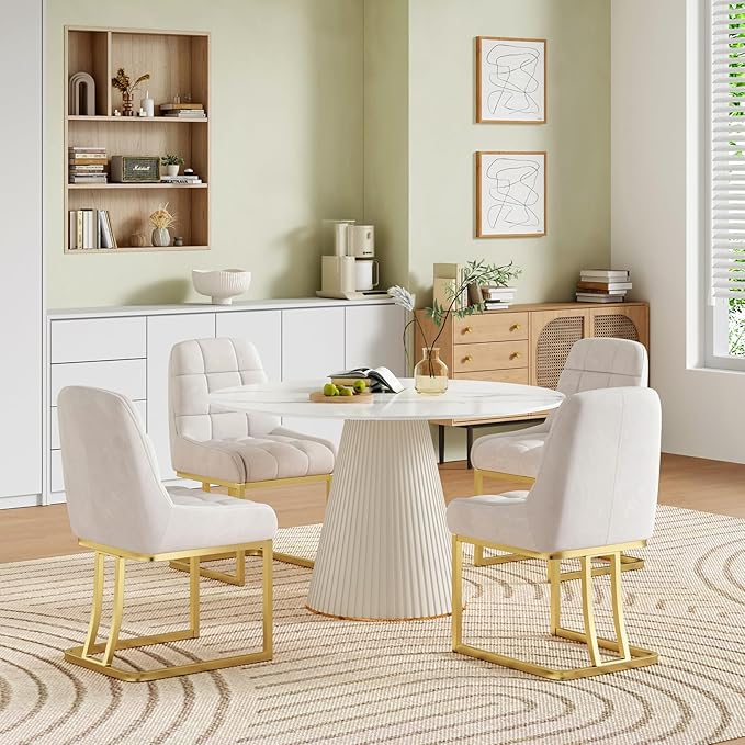 STARY Upholstered Velvet Armless Dining Room Chairs with Gold Metal Legs for Kitchen Restaurant, Beige- Set of 2 - LeafyLoom