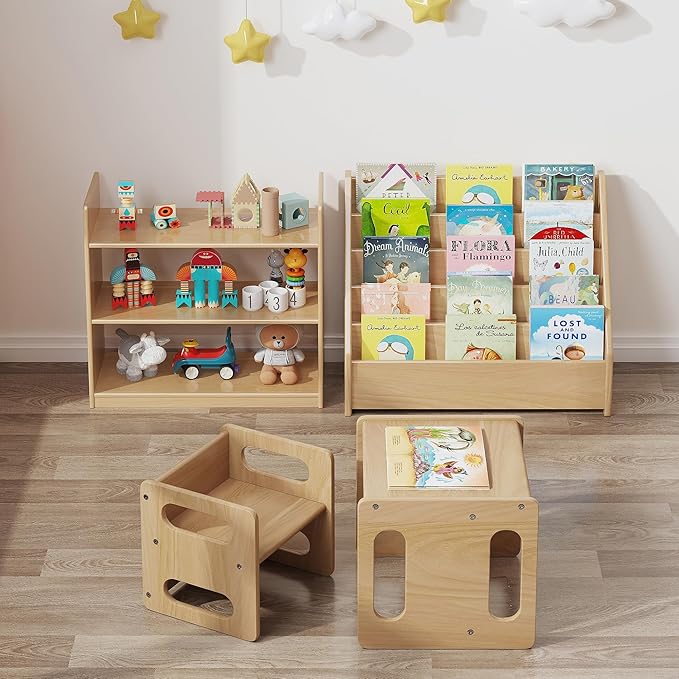 Front-Facing Montessori Bookshelf,5 Tier Book Display Shelf for Toddler,Kids Storage Magazine Rack,Solid Wood Bookcase Organizer,Perfect for Playroom,Bedroom,Study Living Room,Nursery,Classroom - LeafyLoom