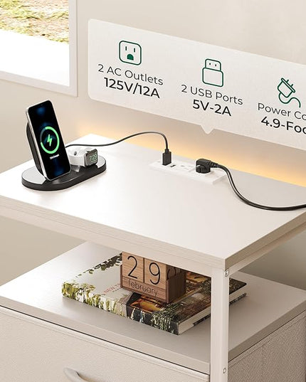 Nightstand with Charging Station, 27.6 Inch Side Table with Drawers, PU Leather Finish, End Table Bedside Table with USB Ports and Outlets, Night Stand for Bedroom, White - LeafyLoom