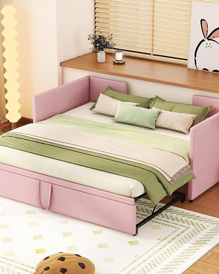 Bellemave Twin Size Upholstered Daybed with Pop up Trundle,Velvet Twin Daybed Frame,Twin to King Daybed,Day bed with Trundle Bed Twin,Tufted Sofa Bed Daybed,Bedroom,Living Room,Guest Room(Pink) - LeafyLoom