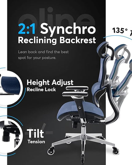 Oline ErgoPro Ergonomic Office Chair - Rolling Desk Chair with 4D Adjustable Armrest, 3D Lumbar Support and Blade Wheels - Mesh Computer Chair, Gaming Chairs, Executive Swivel Chair (Navy Blue) - LeafyLoom
