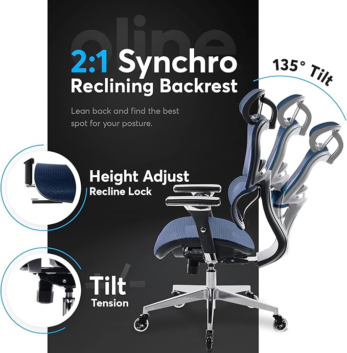 Oline ErgoPro Ergonomic Office Chair - Rolling Desk Chair with 4D Adjustable Armrest, 3D Lumbar Support and Blade Wheels - Mesh Computer Chair, Gaming Chairs, Executive Swivel Chair (Navy Blue) - LeafyLoom