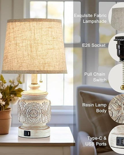 19.5" Farmhouse Vintage Table Lamps for Living Room Set of 2 Traditional Rustic Bedside Lamps for Bedrooms Nightstand with USB Ports Carved Floral Night Light Lamp for Office Decor,Pull Chain - LeafyLoom