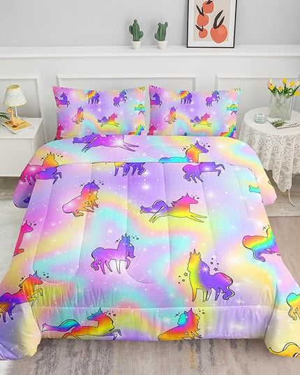 Datura home Unicorn Rainbow Comforter Bedding Set for Girls Kids Children Teens,Sky Glitter Star Colorful Bedding Set with 1 Comforter and 2 Pillowcases(Unicorn3 Full) - LeafyLoom