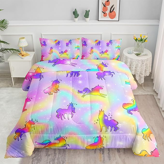 Datura home Unicorn Rainbow Comforter Bedding Set for Girls Kids Children Teens,Sky Glitter Star Colorful Bedding Set with 1 Comforter and 2 Pillowcases(Unicorn3 Queen) - LeafyLoom