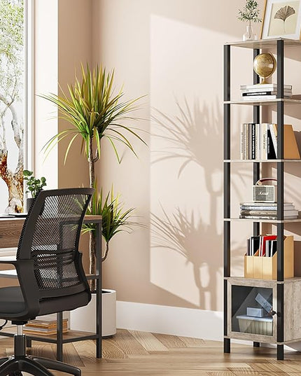 TUTOTAK 6 Tier Bookcase and Bookshelf, Narrow Book shelf with Door for Small Space, for Living Room, Office, Study, Entryway, Greige BS03BG006 - LeafyLoom
