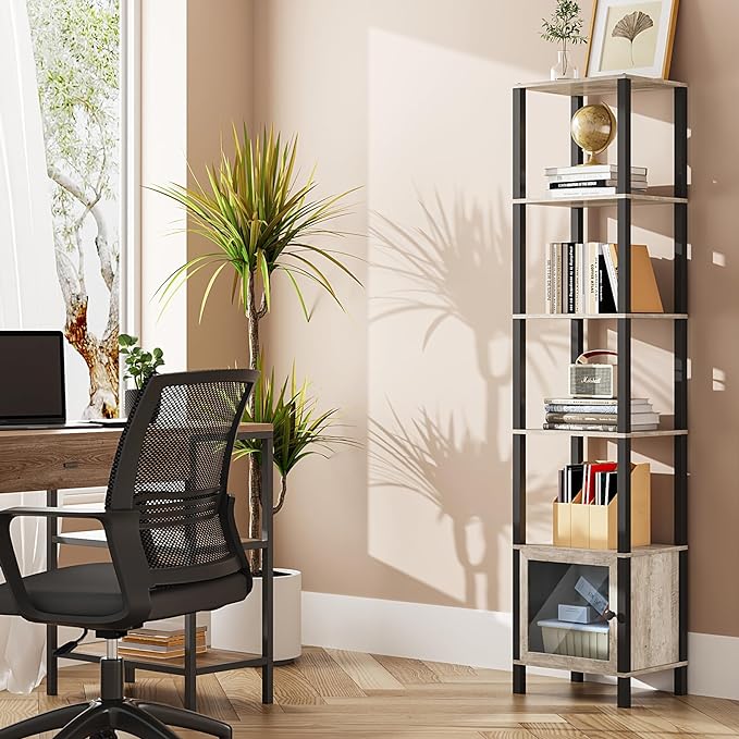 TUTOTAK 6 Tier Bookcase and Bookshelf, Narrow Book shelf with Door for Small Space, for Living Room, Office, Study, Entryway, Greige BS03BG006 - LeafyLoom