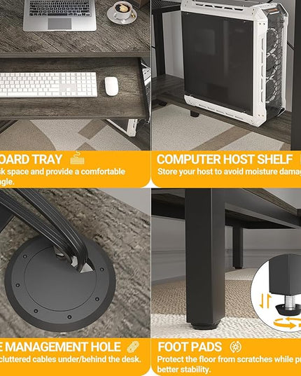 Cyclysio Small Corner Desk with Hutch, Corner Gaming Desk with LED Light & Power Outlets, Computer Desk with Keyboard Tray, Triangel Desk for Small Space, Home Office, Workstation, Grey - LeafyLoom
