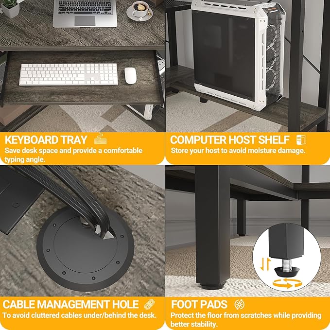 Cyclysio Small Corner Desk with Hutch, Corner Gaming Desk with LED Light & Power Outlets, Computer Desk with Keyboard Tray, Triangel Desk for Small Space, Home Office, Workstation, Grey - LeafyLoom