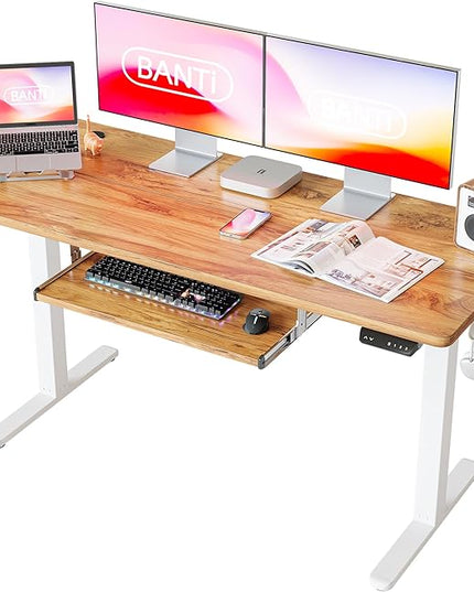BANTI 55" x 24" Height Adjustable Electric Standing Desk with Keyboard Tray, Sit Stand up Desk with Splice Board, White Frame/Light Rustic Brown Top - LeafyLoom
