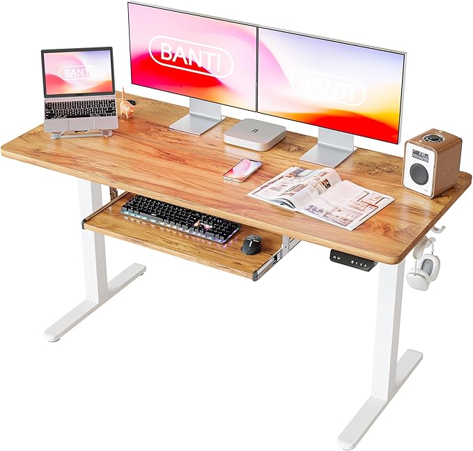 BANTI 55" x 24" Height Adjustable Electric Standing Desk with Keyboard Tray, Sit Stand up Desk with Splice Board, White Frame/Light Rustic Brown Top - LeafyLoom
