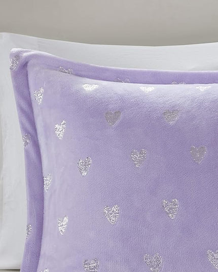 Mi Zone Rosalie Comforter Set for Girls, Ultra-Soft Microlight Plush Metallic Printed Hearts Brushed Reverse Overfilled Down Alternative Hypoallergenic All Season, Full/Queen, Purple/Silver, 4 Piece - LeafyLoom